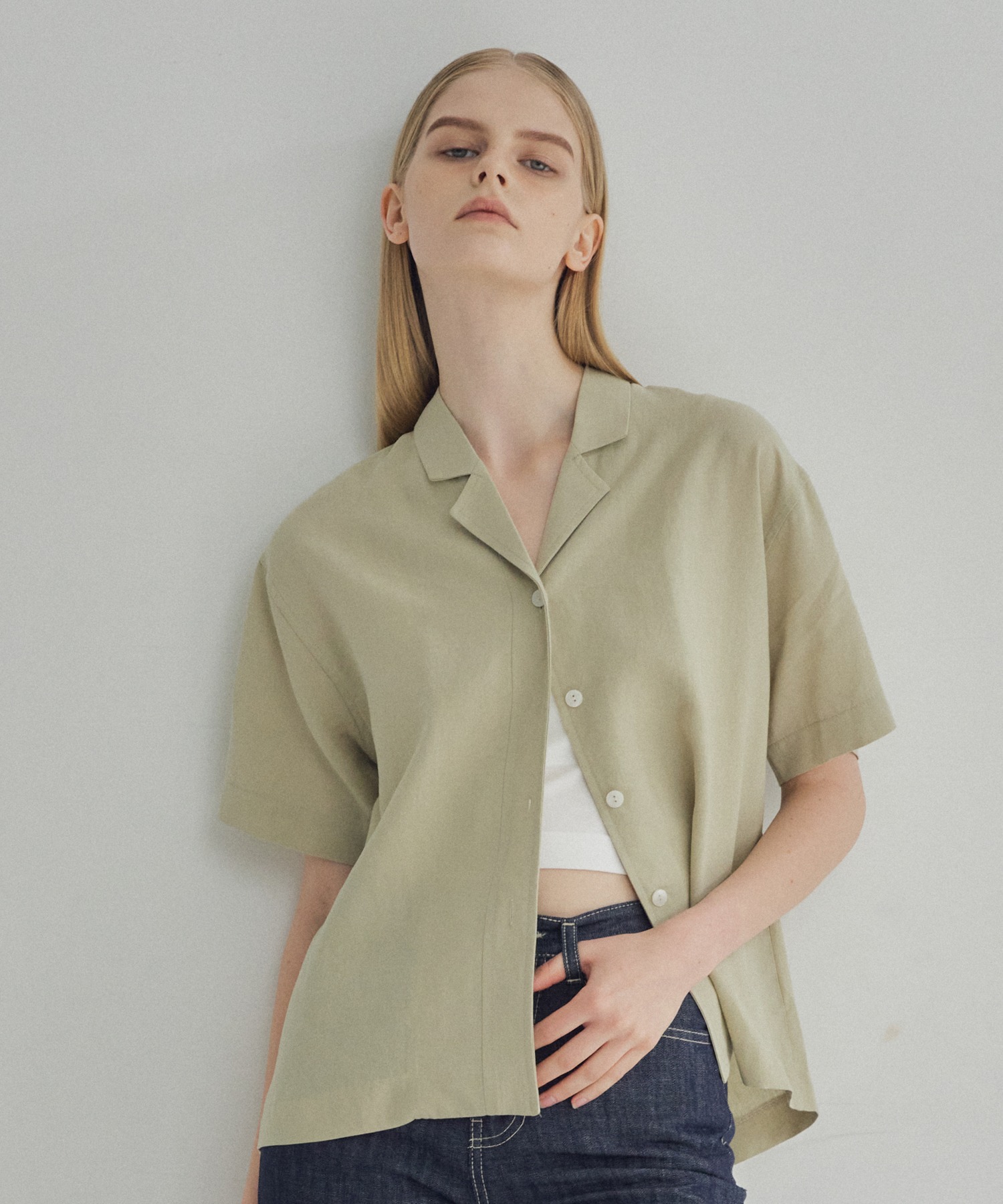 Half Sleeve Linen Shirt Jacket (Khaki)
