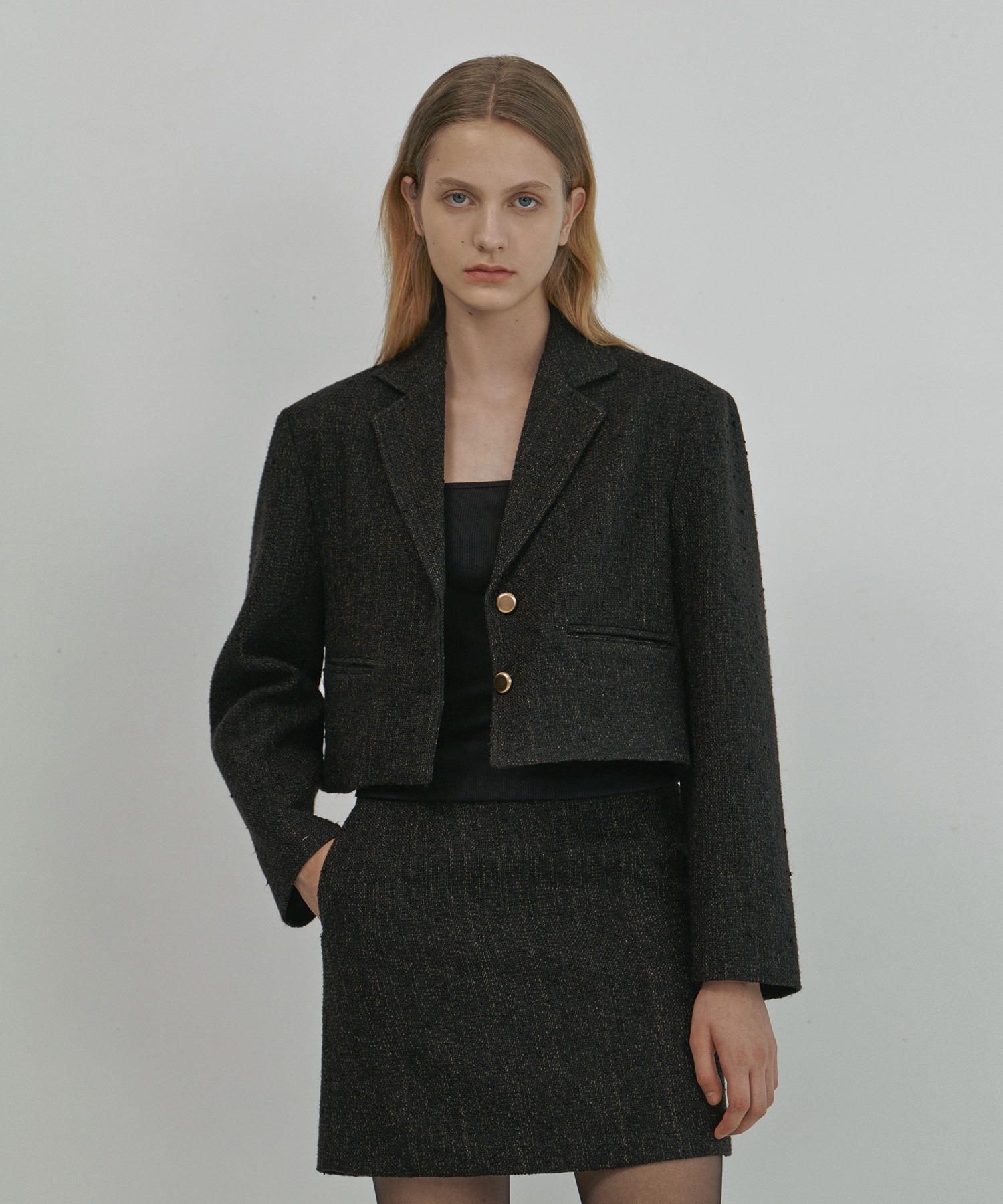 Crop Boucle Tweed Jacket (Black)