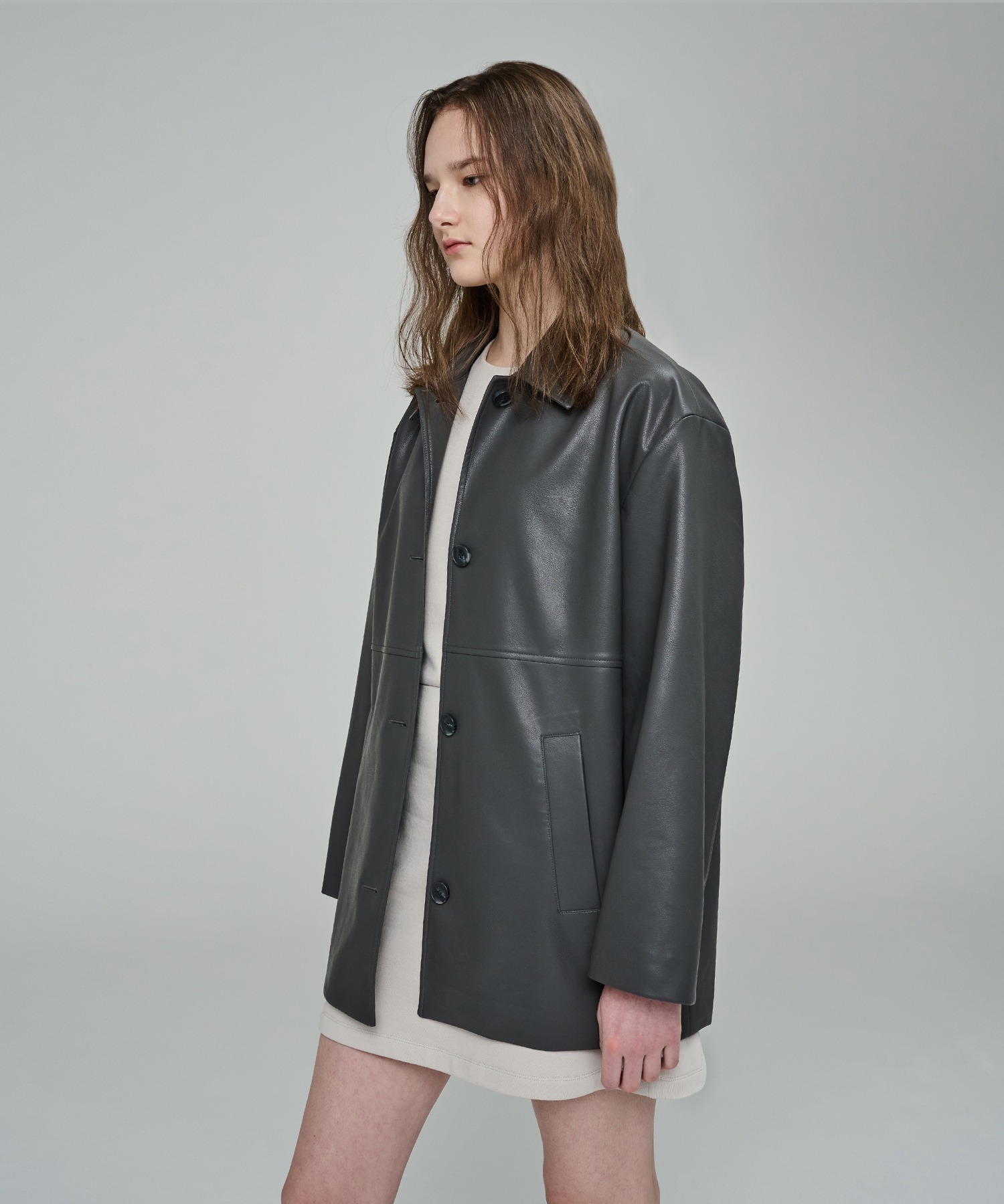 Minimal Half Leather Jacket (Grey)